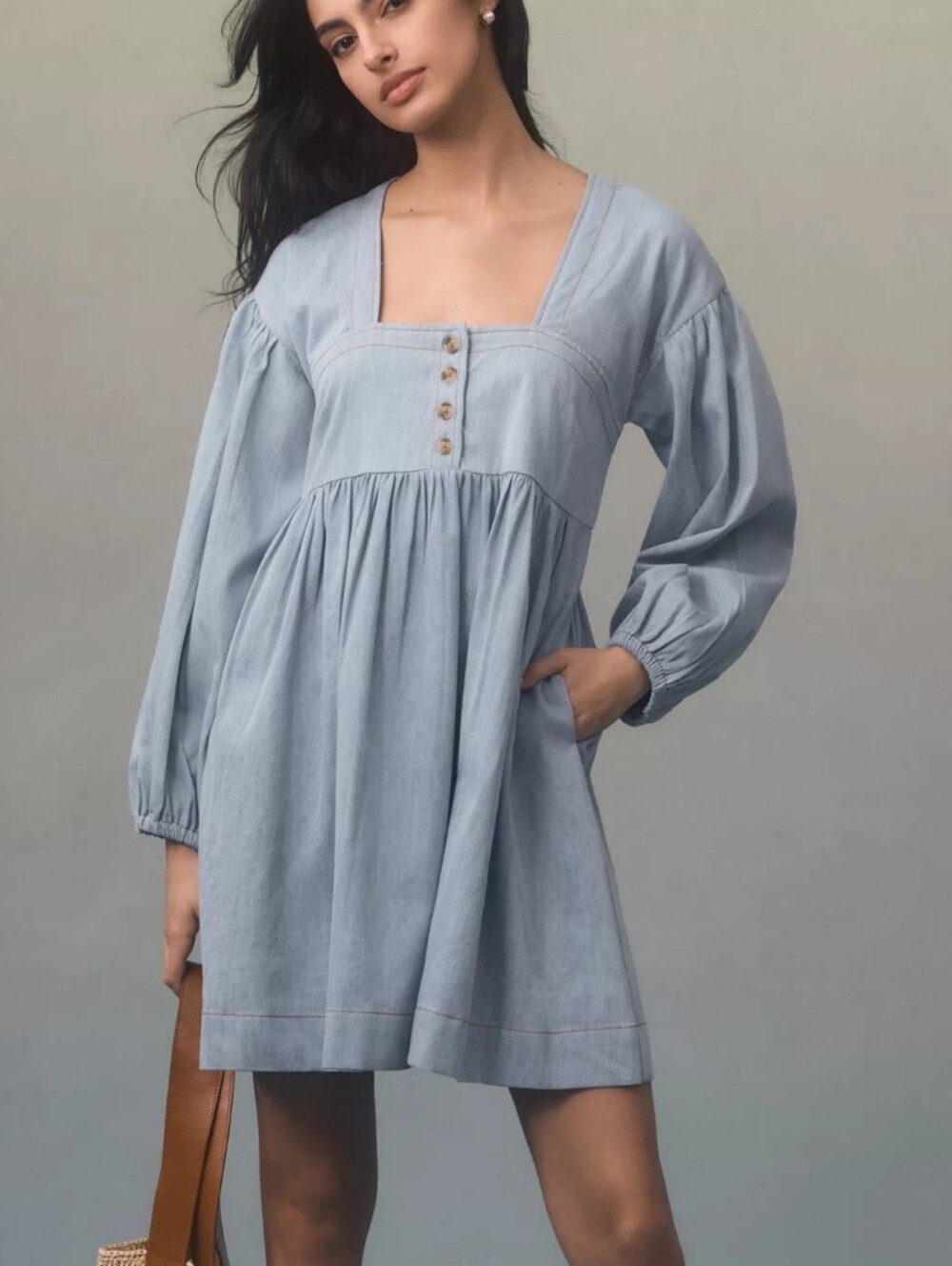 Anthropologie Long-Sleeve Square-Neck Denim Babydoll Mini Dress